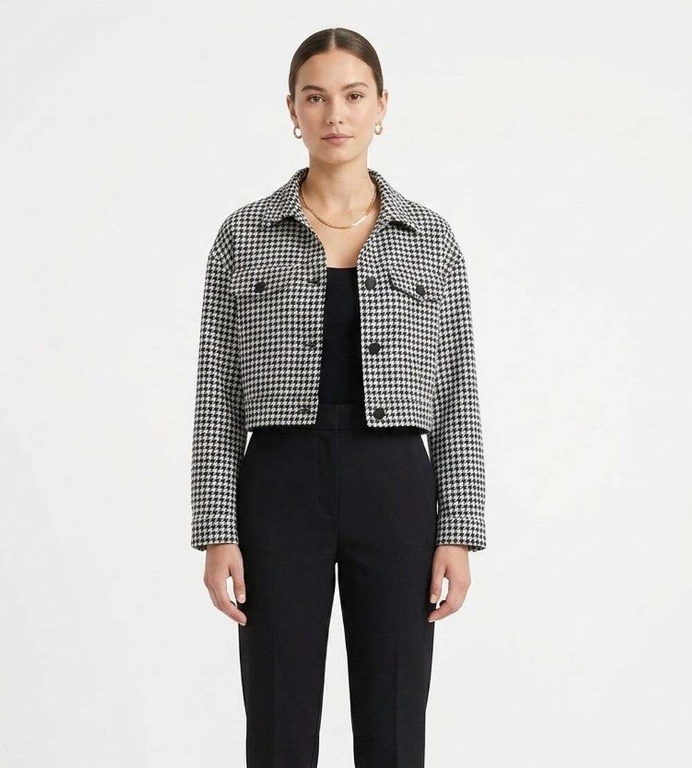 Houndstooth Cropped Jacket Medium Black White Plaid Academic Preppy Academia
